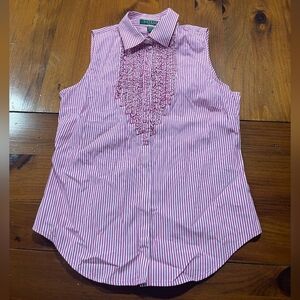 Lauren Ralph Lauren Petite Womens Pink White Pin Stripe Button Up Ruffle Top‎ 6P